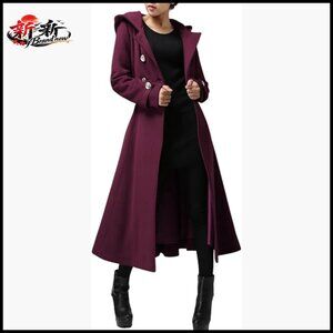 Long Wool Blend Trench Coat with Hood and Belts